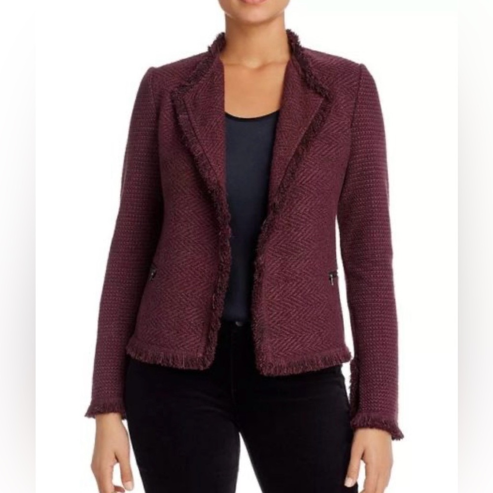 NWT NIC+ZOE Burgundy Frayed-Trim Tweed and Knit Mixed Blazer, Size Large - Picture 16 of 16
